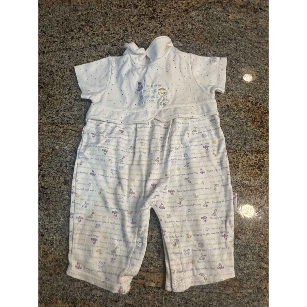 Rare Barney Baby Romper‎ White Polka Dot "I Love You" "Happy Family" 6 months